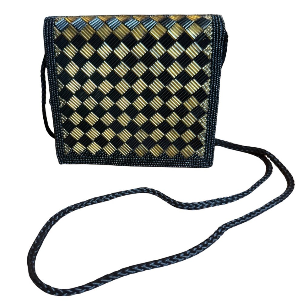 Vintage Lancôme Paris Black Gold Tube Beaded Evening Crossbody Bag 80s 90s GWP